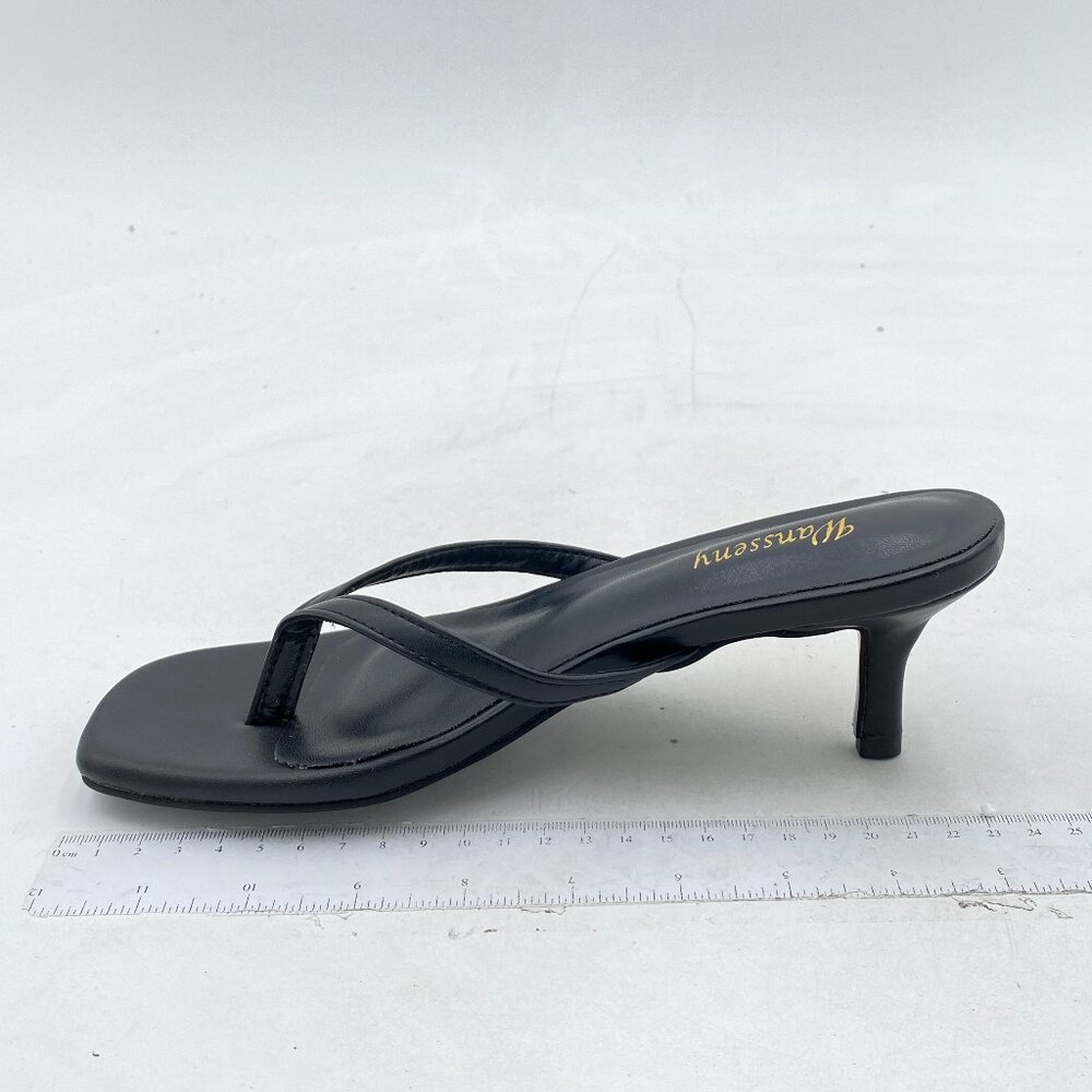 Wansseny Black Thong Open Toe Mid Heel Flip Flops Slip on Mules Summer Sandals